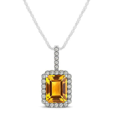 Prong Set Pendant Necklace Diamonds Citrine 15 Ct  White Gold 14K Jewelry