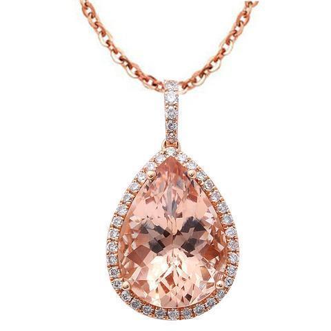 Rose Gold 14K Pear Morganite With Round Cut Diamonds Pendant 28.75 Ct