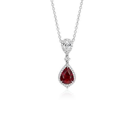 Lady White Gold 14K Pear Shape Red Ruby With Diamond Pendant Necklace