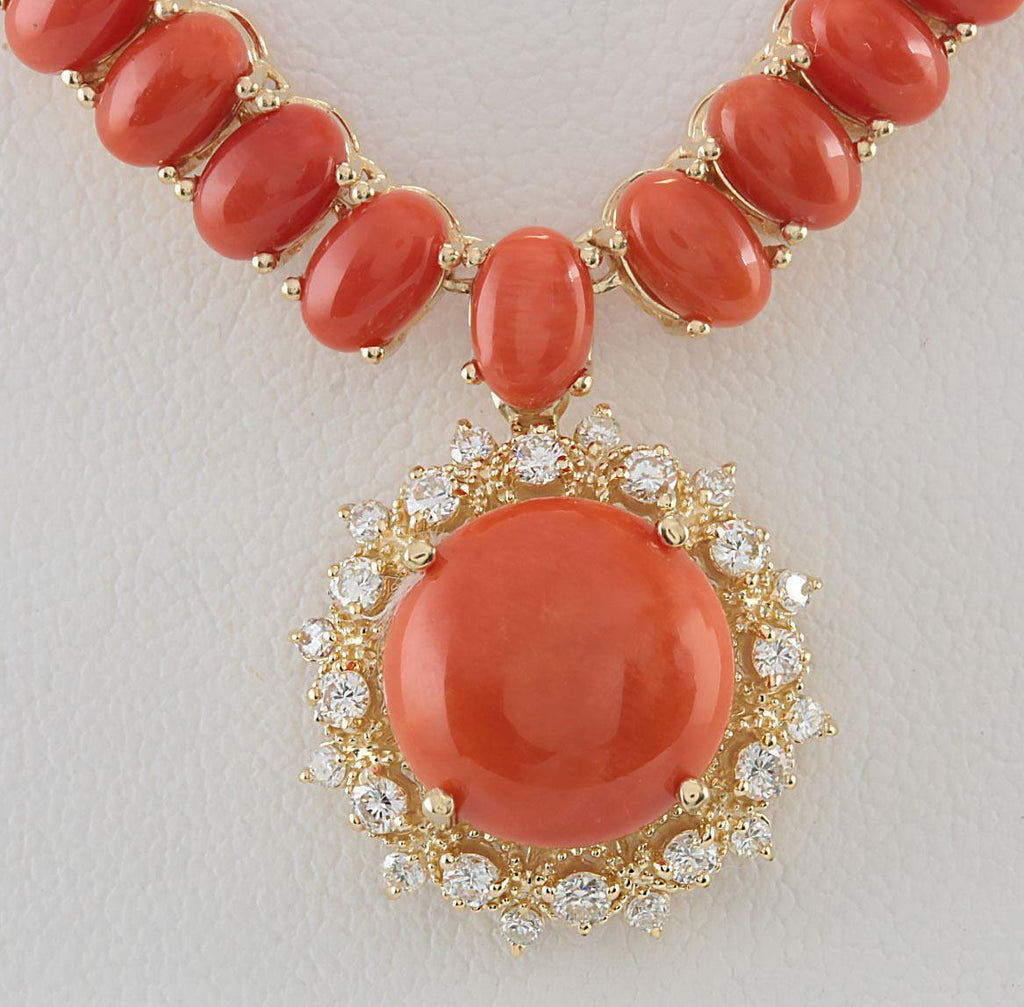 Yellow Gold 14K Red Coral With Diamonds Pendant Necklace 41 Carats Jewelry