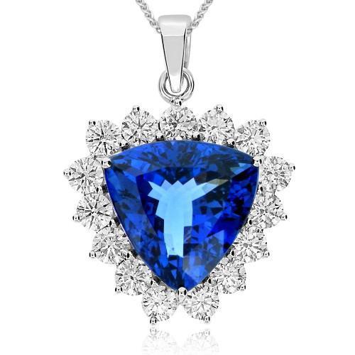 Round Cut Diamonds With Trillion Cut Tanzanite Pendant 24 Ct White Gold 14K Jewelry