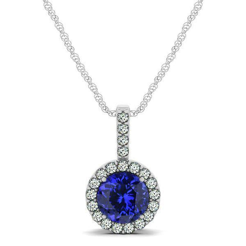 Blue Tanzanite With Diamonds Pendant Necklace White Gold 14K 3.70 Ct
