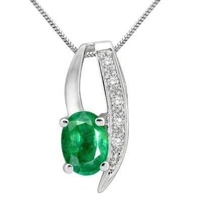 Oval And Round Cut Emerald And 3.75 Carats Diamonds Pendant Necklace White Gold 14K