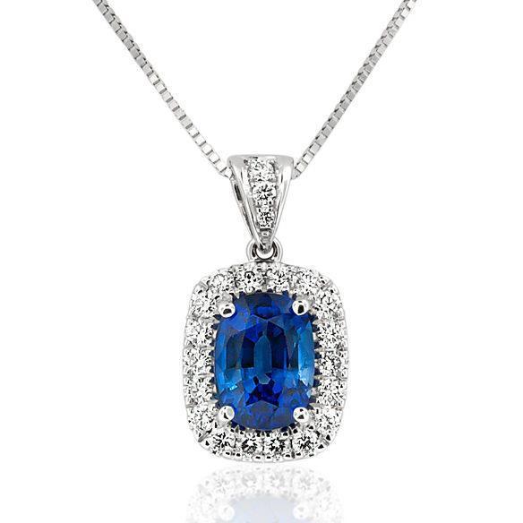 White Gold 14K Cushion Sapphire With Round Shaped 3.50 Carats Diamonds  Pendant Necklace