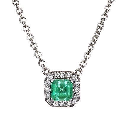 Pendant Necklace White Gold 14K 9 Ct Green Emerald With Diamonds