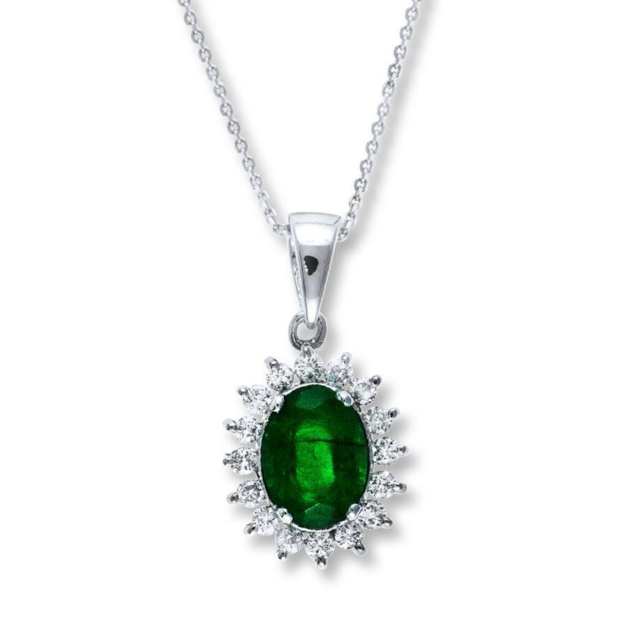 White Gold 14K Oval Cut Emerald And Round Diamonds 8 Ct Pendant