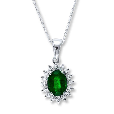 White Gold 14K Oval Cut Emerald And Round Diamonds 8 Ct Pendant
