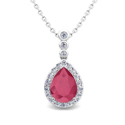 White Gold 14K Round Shaped Diamond With Pear Shape Red Ruby Gem-Stone Pendant Necklace