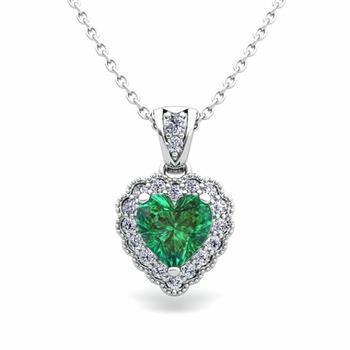 Women White Gold 14K Prong Setting Emerald With 2.85 Carats Diamonds Pendant Necklace