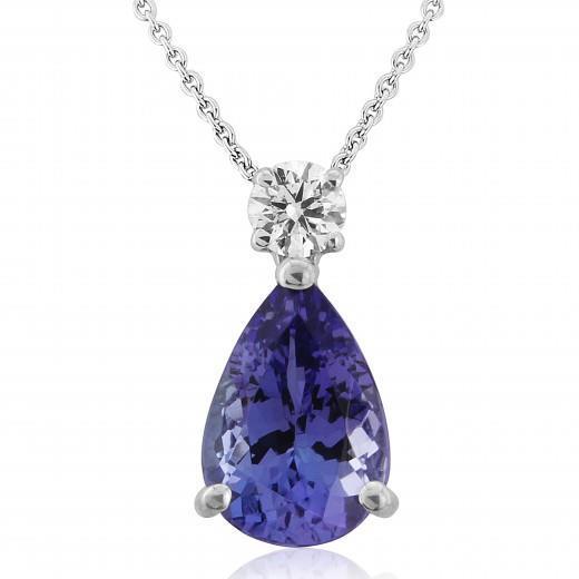 18 Ct Pendant White Gold 14K Big Pear Tanzanite And Round Diamond