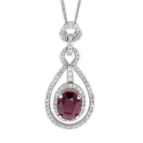 Lady White Gold 14K Oval Cut Aaa Red Ruby With Round Shaped Diamond Pendant