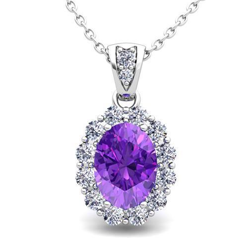 White Gold 14K Prong Setting Amethyst And 10.75 Carat Diamonds Pendant Necklace
