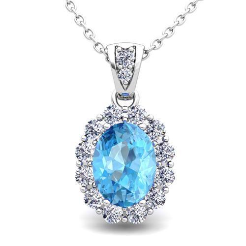10.90 Carats Blue Topaz And Diamonds Pendant Necklace Gold White 14K