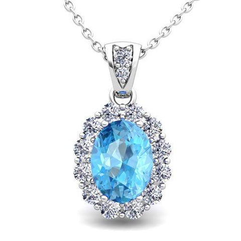 10.90 Carats Blue Topaz And Diamonds Pendant Necklace Gold White 14K