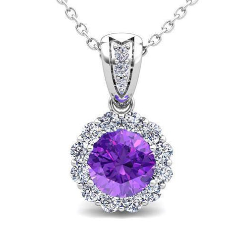 Amethyst And Diamonds 9.90 Carats Pendant Necklace 14K White Gold New