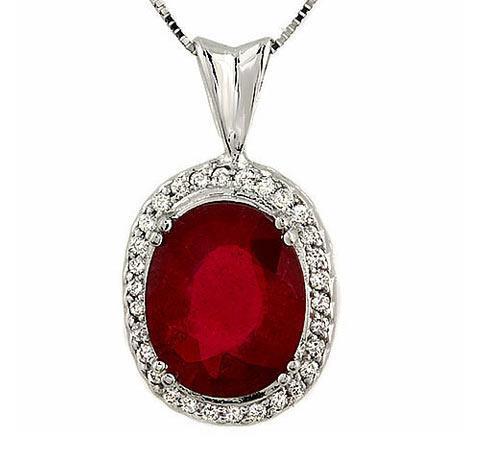 Women Pendant Necklace 7.30 Carats Red Ruby With Diamonds Gold 14K