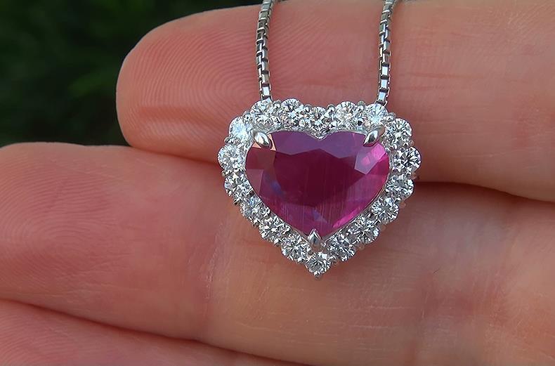 6.40 Carats Red Ruby And Diamonds Necklace Pendant With Chain Gold 14K