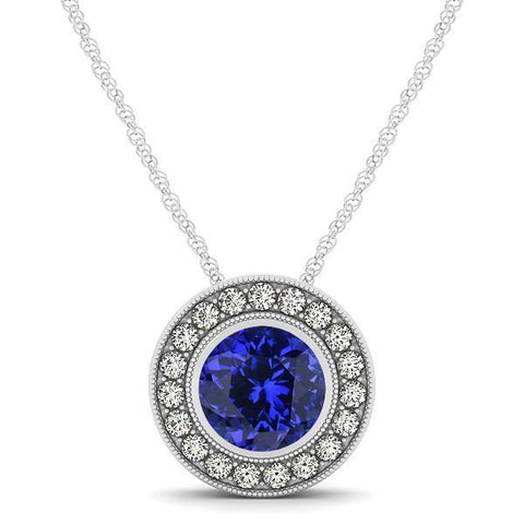 Bezel Set Tanzanite With Diamonds Pendant Necklace Gold 14K 2.75 Ct
