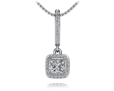 White Gold 14K Princess And Round Shape 5 Carats Diamonds Drop Pendant Necklace