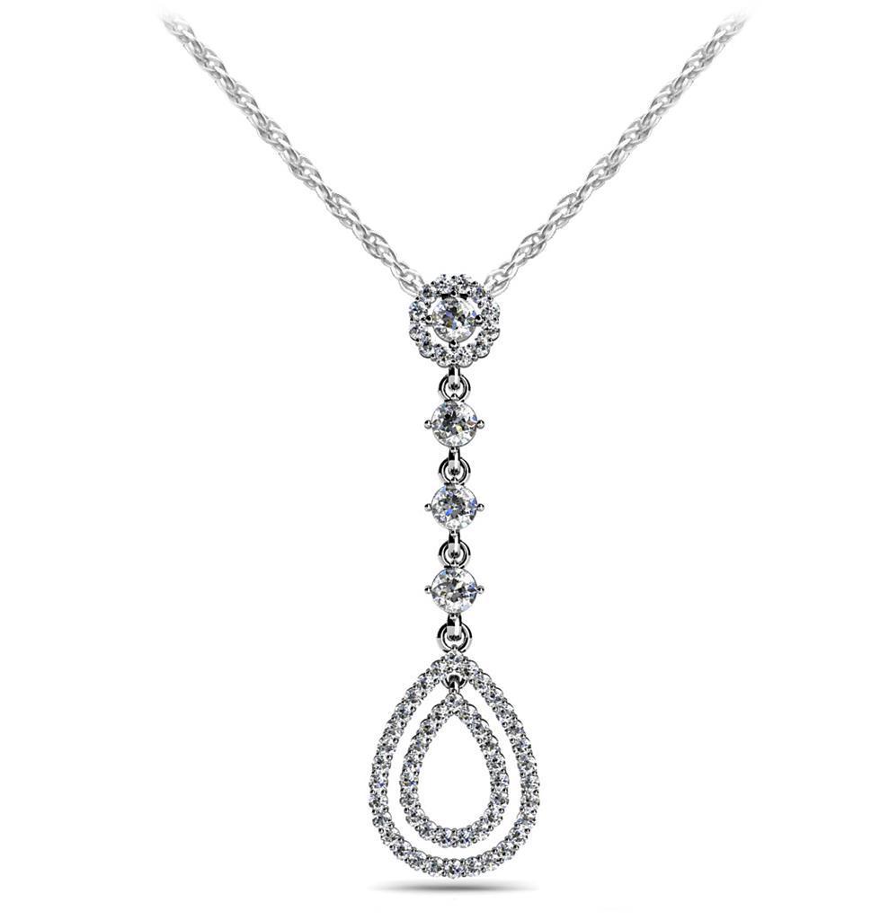 Designer Double Drop Round Cut Diamonds Pendant Necklace White Gold 14K