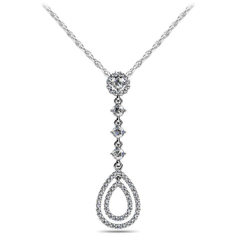 Designer Double Drop Round Cut Diamonds Pendant Necklace White Gold 14K