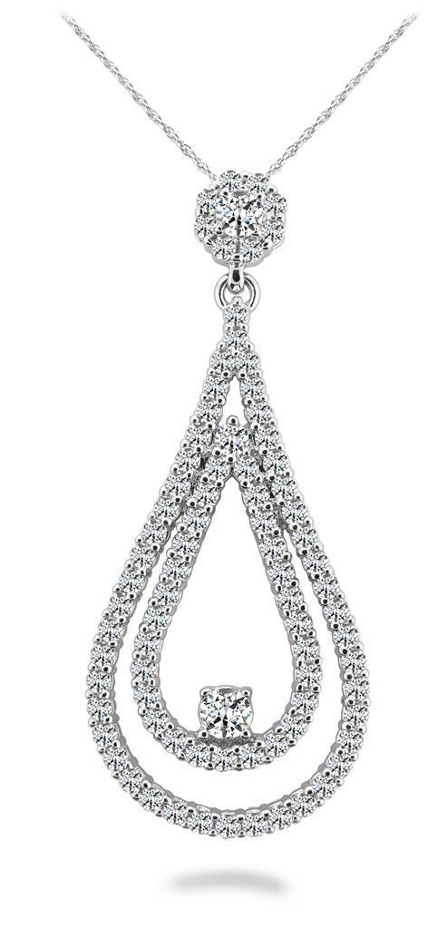 White Gold 14K Sparkling Round Cut 14.50 Carats Diamonds Double Teardrop Pendant Necklace