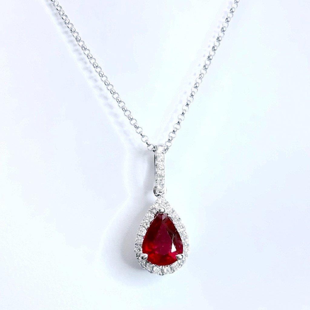 Ladies Red Pear Cut Ruby And Diamond Necklace Pendant White Gold 14K