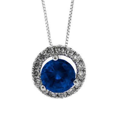 Round Ceylon Sapphire & Diamonds Pendant Necklace 3.50 Ct White Gold