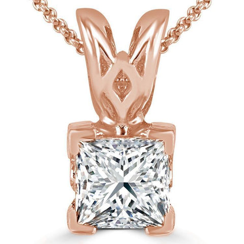 Sparkling Princess Cut Diamond Necklace Pendant Rose Gold 14K