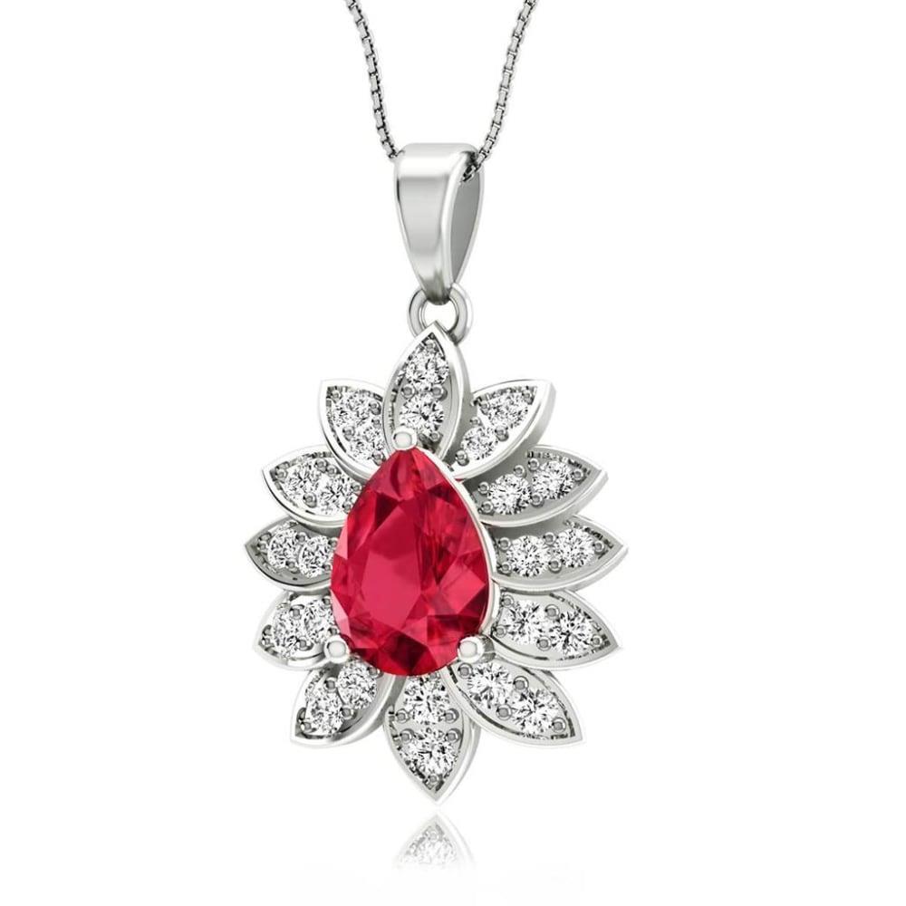Red Ruby And Diamonds Lady Pendant Necklace 3.75 Carats Wg 14K