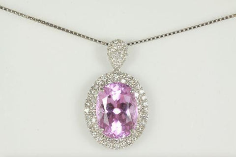 Pink Kunzite And Diamond Women Pendant Oval Cut White Gold 14K 15.50 Carats