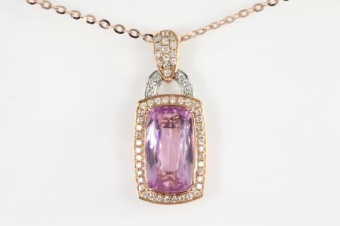 Cushion Cut Kunzite And Round Diamond Ladies Pendant Two Tone Gold