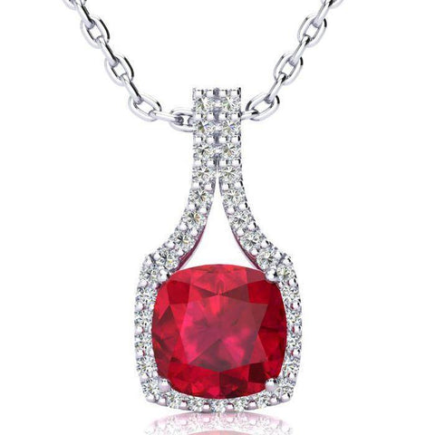 Pendant Necklace 13.40 Ct Red Ruby With Diamonds White Gold 14K New
