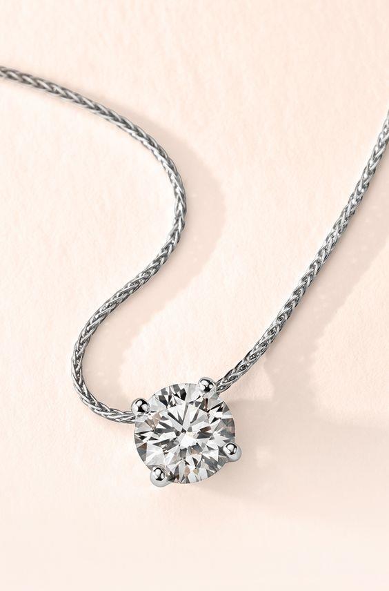 Four Prong Set Round Cut Diamond Necklace Pendant Solid Gold 14K 2 Ct