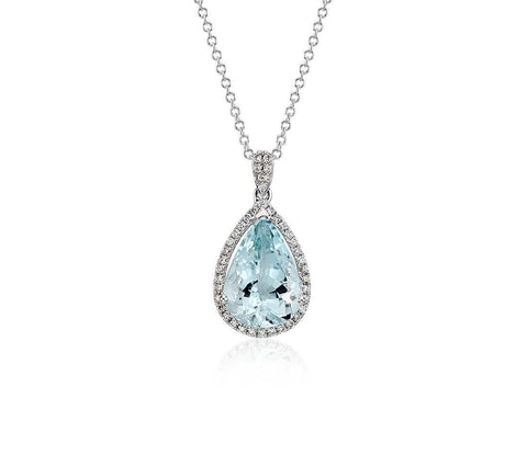 14K White Gold 9 Ct Pear Aquamarine With Diamond Pendant New