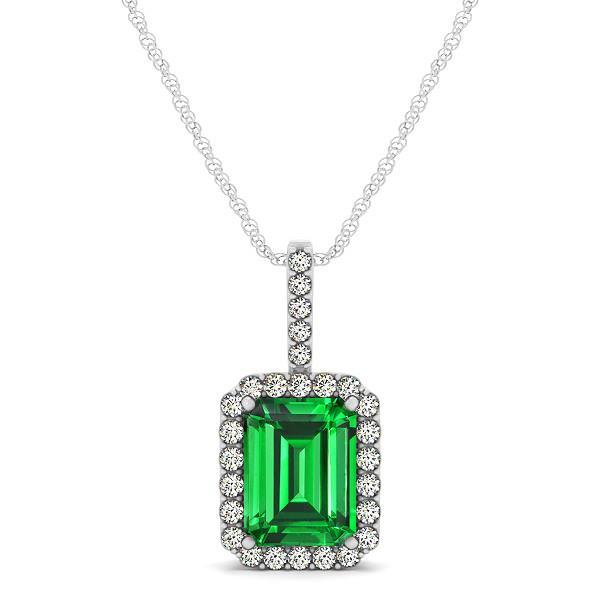 14K White Gold 6.25 Carats Emerald And Diamonds Pendant With Chain