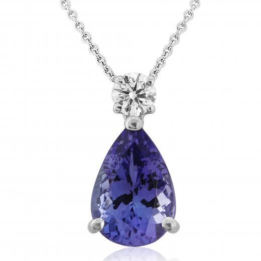 Big Pear Tanzanite And Round Diamond 18 Ct Pendant White Gold 14K