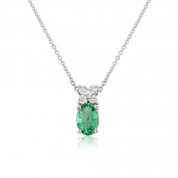 14K Gold White 3.40 Carats Emerald With Diamonds Pendant Necklace