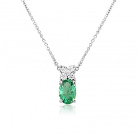 14K Gold White 3.40 Carats Emerald With Diamonds Pendant Necklace