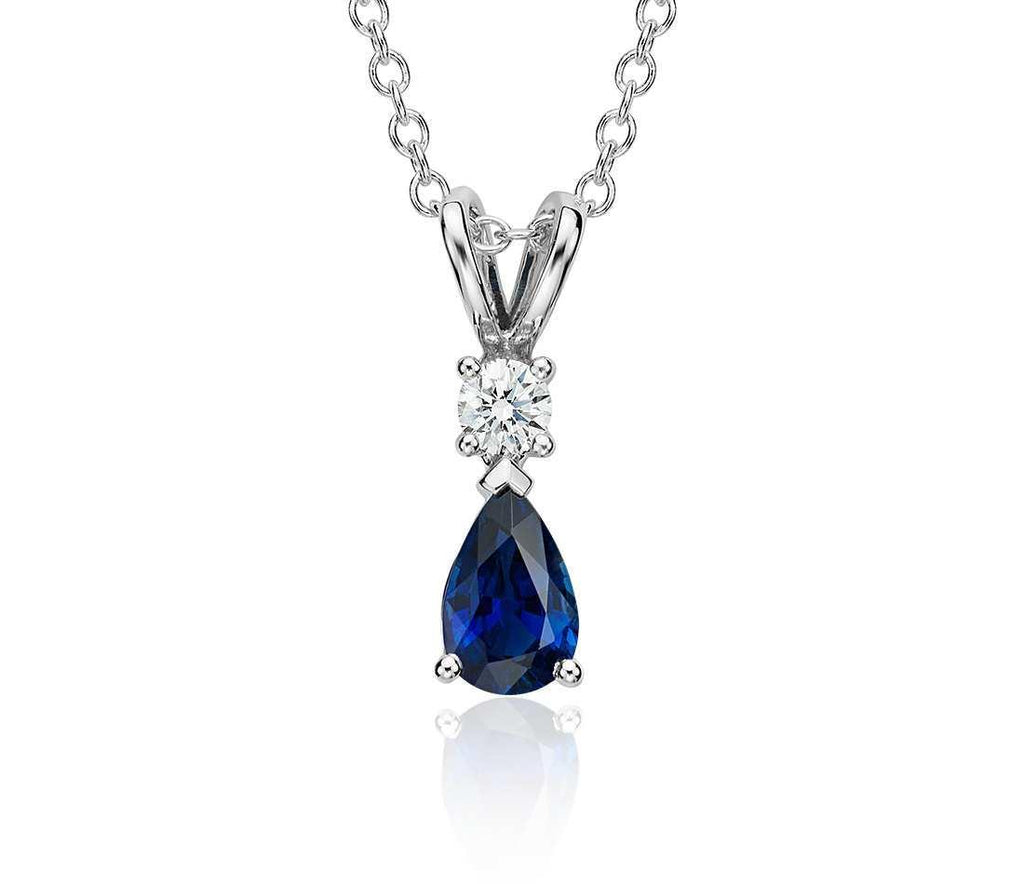 Blue Sapphire With Diamond Pendant Necklace 2 Carats 14K White Gold