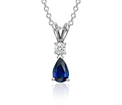 Blue Sapphire With Diamond Pendant Necklace 2 Carats 14K White Gold