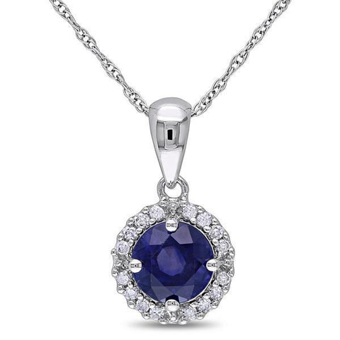 1.55 Carats Ceylon Sapphire Jewelry Halo Diamond Necklace Pendant White Gold 14K