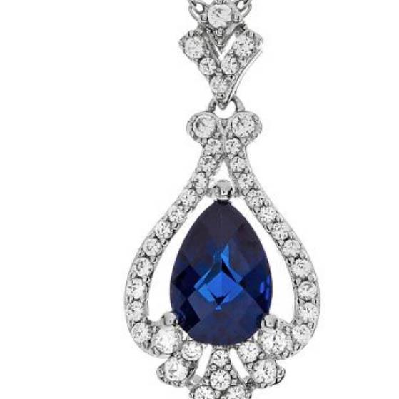 Ceylon Sapphire  Pendant Diamond 14K White Gold 1.90 Ct Pear Cut