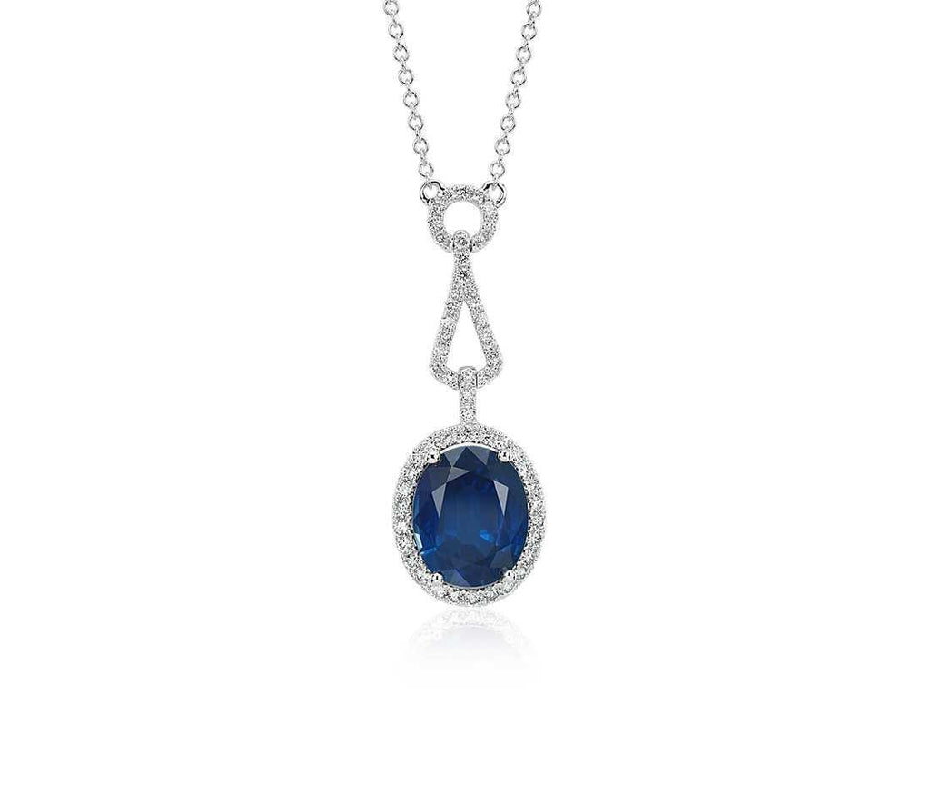 Halo Blue Sapphire And Diamonds Pendant Necklace 4 Carats Gold 14K