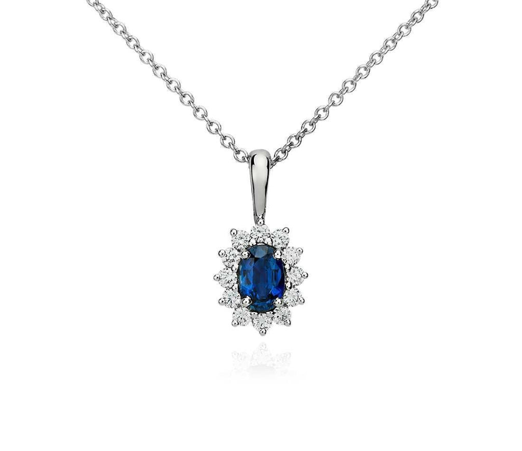 Pendant Necklace Ceylon Sapphire With Diamonds 3.20 Ct Wg 14K
