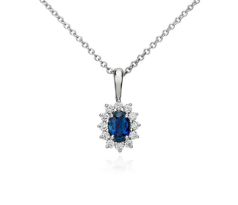 Pendant Necklace Ceylon Sapphire With Diamonds 3.20 Ct Wg 14K
