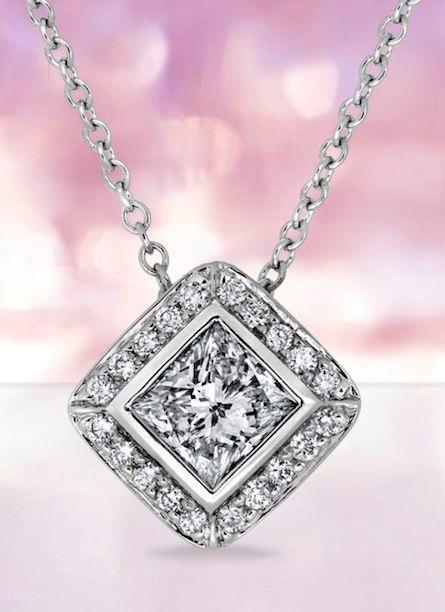 Princess And Round Halo Diamond Necklace Pendant White Gold 14K 4 Ct.