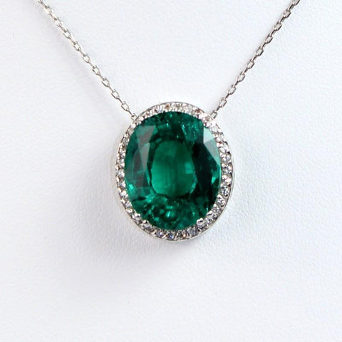 White Gold 14K Green Emerald With 6.25 Carats Diamonds  Pendant Necklace